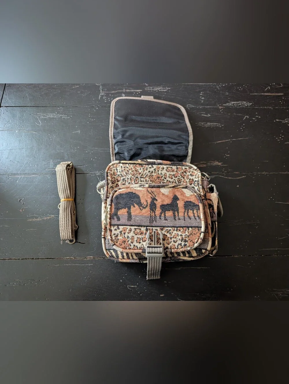 Vintage 90s Y2K Safari Tapestry Crossbody Multi-pocket Utility Bag Gorpcore